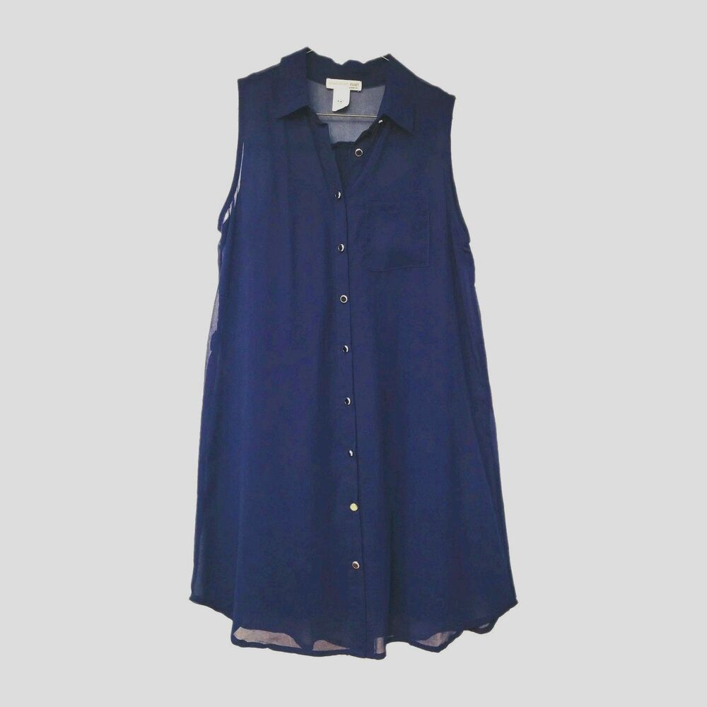 A’GACI Women’s M Navy Blue Sleeveless Button Front Shirt Tunic Dress